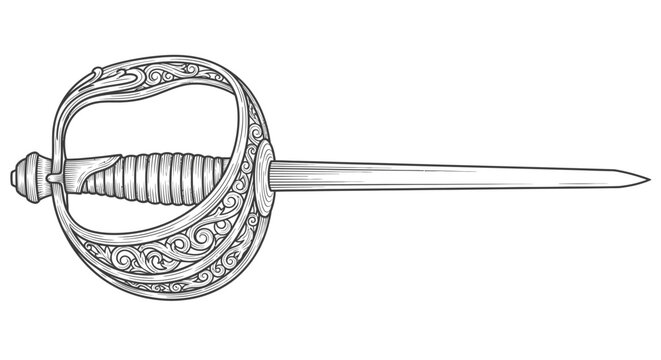 Detailed fencing rapier sword hilt, historical weapon, isolated white background.