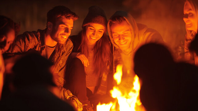 Celebrating Friendship: Youthful Adventure and Cozy Campfire Gathering Under the Warm Firelight