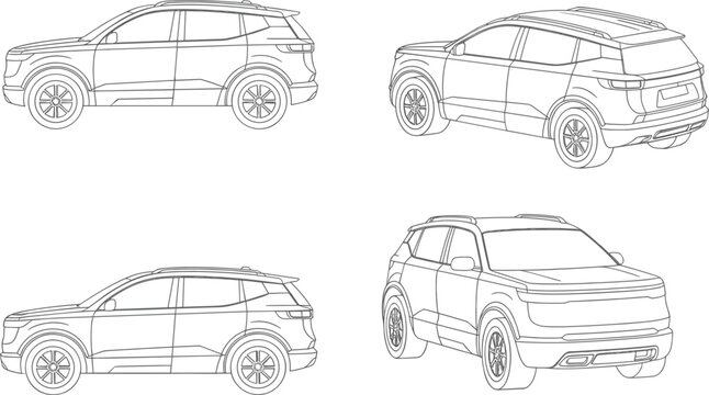 SUV car outline set, side and perspective views, detailed vehicle line art vector illustration
