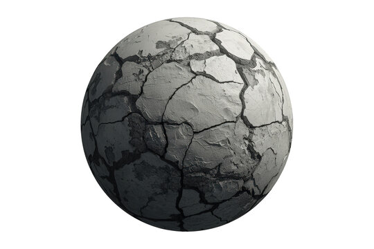 Cracked sphere with a dry, parched texture symbolizing drought and environmental issues, rendered in a 3d style