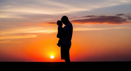 Fototapeta premium Heartwarming happy fathers day silhouette dad and child enjoying a beautiful sunset together