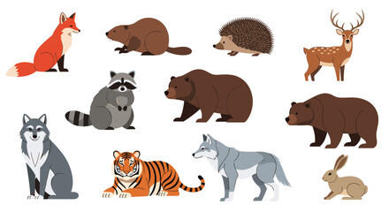 Obraz premium Diverse collection of forest animals including a fox, beaver, hedgehog, deer, raccoon, bears, wolf, tiger, and rabbit.