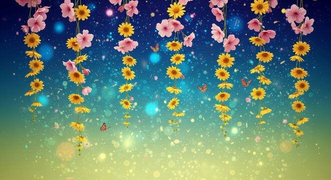 Abstract Floral Artwork with Yellow Daisies Pink Blossoms and Iridescent Butterflies on Teal Background