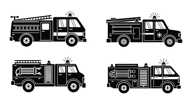Emergency vehicles including an ambulance fire truck police car and helicopter