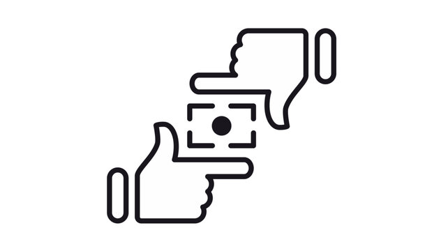 Professional black vector icon illustration of human hands making a framing gesture to focus on a central point, symbolizing photography, cinematography, creative vision, and composition.