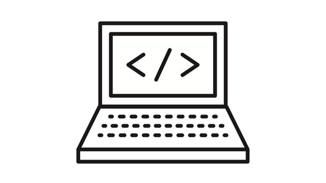 Minimalist black line art vector icon of a laptop computer with coding symbols on the screen, representing software development, web programming, computer science, and digital technology.