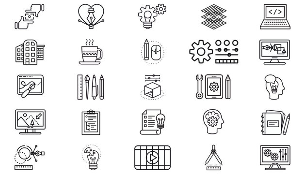 Vector Icon Set Collection of 25 Black Minimalist Symbols for Graphic Design, Software Development, Creative Thinking, Architecture, Technology, Innovation, Media, Office, and Project Management.