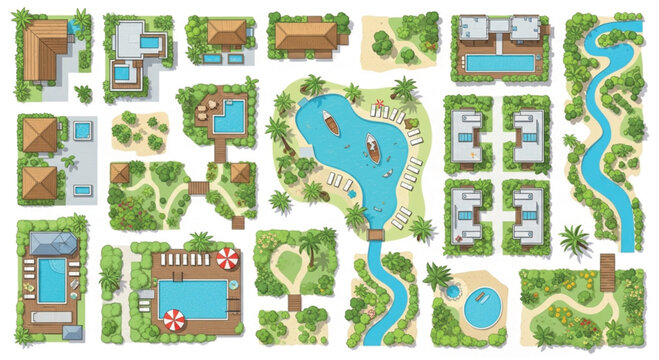 Tropical resort map elements, top view architectural landscape vector set, luxury hotel villas with swimming pools and palm trees, summer vacation site plan isolated PNG with Transparent