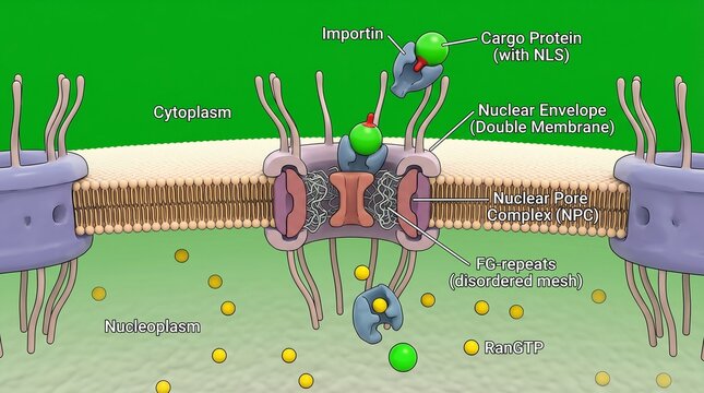 A detailed illustration of the nuclear pore complex and its role in molecular transport across the nuclear envelope