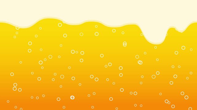グラスに注がれたビールの泡と気泡が上昇するフラットデザインのアニメーション背景