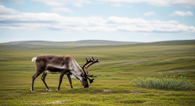 A wild reindeer grazing peacefully on a vast green tundra landscape under a cloudy sky.