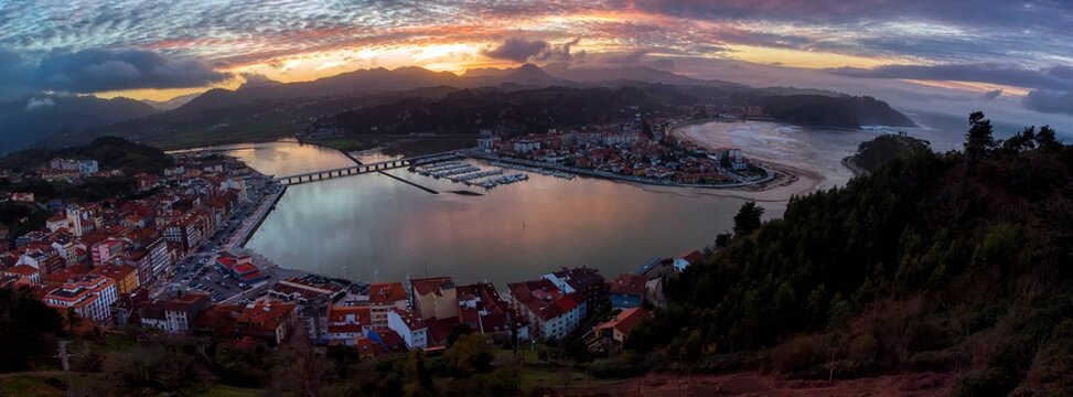 Sunset view of the city of Ribadesella.Asturias, Spain.