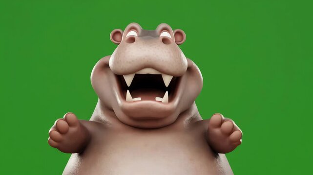 A 3D cartoon hippopotamus character excitedly trotting forward on green screen