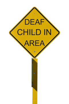 a yellow road sign informing drivers to use caution that there is a deaf child in the area isolated on a transparent background
