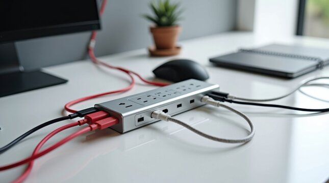 Un escritorio desordenado con m&uacute;ltiples cables de carga de diferentes longitudes y colores