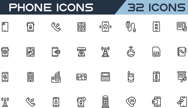 Smartphone and wireless communication icon set. Editable stroke thin line phone, call, charger, 5G network, SIM card, signal tower, walkie talkie and telephone icons for vector illustration