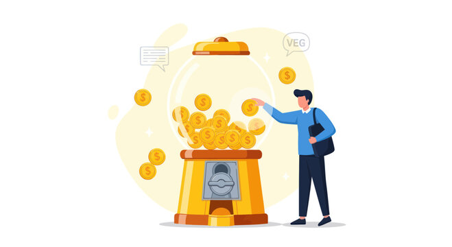 Man Inserting Coin into Gumball Machine Filled with Gold Coins