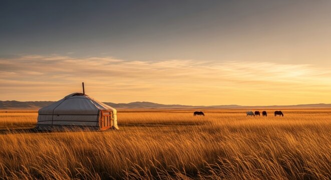 Mongolian yurt and horses on the steppe during a golden sunset.