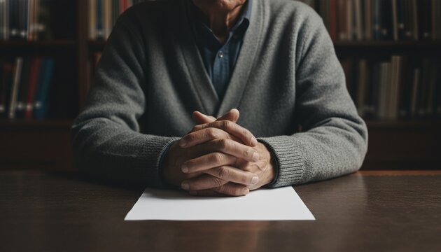 An elderly man sitting at a dark wood desk in a warm library leaning forward in a moment of quiet reflection and exhaustion