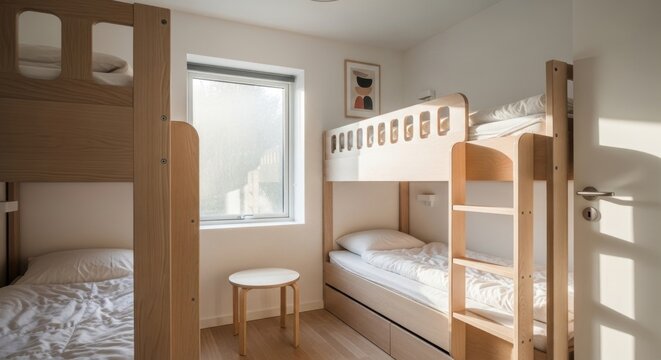 Sunlit bedroom with modern wooden bunk beds and minimalist decor.