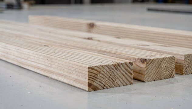 Medium shot of truss chord components with parallel strand lumber strands neatly aligned highlighting the preparation stage prior to resin application.