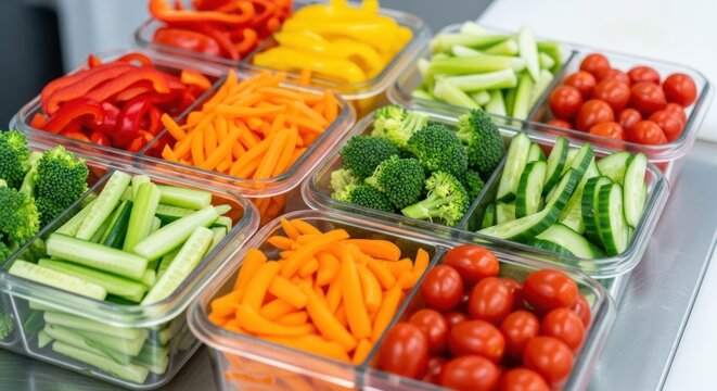 Fresh cut vegetables neatly organized in glass containers for healthy meal prep.