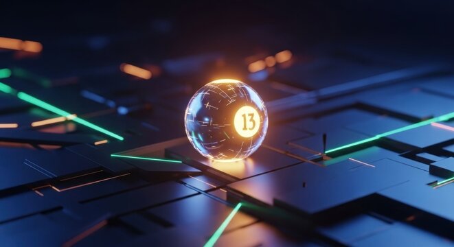 Futuristic glowing lottery ball with the number thirteen on a tech background