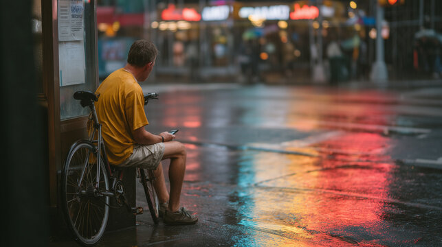 A rain-soaked street corner where a delivery cyclist checks earnings on a handlebar-mounted device, neon reflections pooling on wet pavement, perfect for gig economy income, side hustle tax, and con