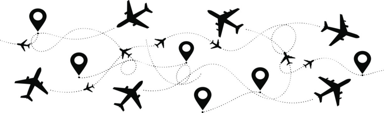 Global Travel Network Vector Illustration Featuring Airplane Silhouettes Flight Paths and Map Location PinsGlobal Travel Network Vector Illustration Featuring Airplane Silhouettes Flight Paths and Map
