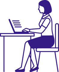 Fototapeta premium Woman sitting at desk using laptop for work or study, business, education, or office concept. Minimalist line vector illustration