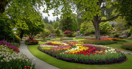 Obraz premium Tulip garden in full bloom with trees and green grass, park paths leading to oval-shaped flower bed featuring rainbow or butterfly pattern. Clear blue sky, serene and peaceful spring nature landscape 