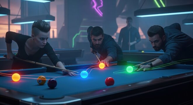 People playing pool in a modern nightclub with neon lighting.