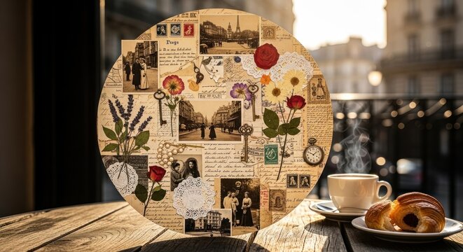 Vintage Paris collage with coffee and croissant on a table