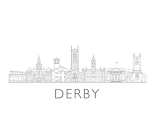 Obraz premium Derby skyline England UK. Urban cityscape with landmarks and monuments. Hand drawn line art digital skyline illustration.