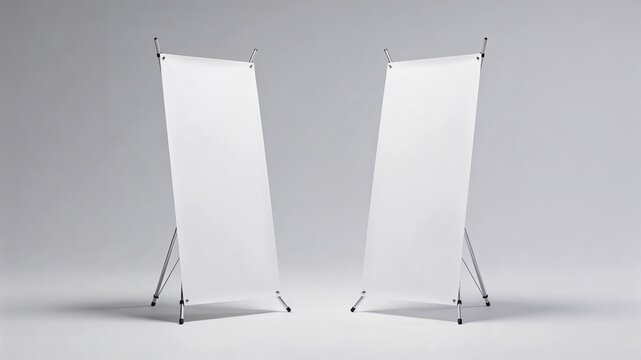 Front view of two blank white X-stand banner mockups
