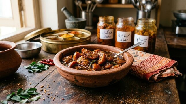 Hearty homemade pickles served in traditional earthenware with rustic kitchen backdrop