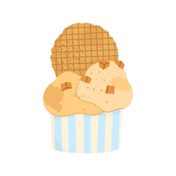 Caramel ice cream in paper cup with round waffle wafer on top. Sweet summer dessert isolated on white background. Perfect for menu, posters, stickers and cafe designs. Flat vector illustration.