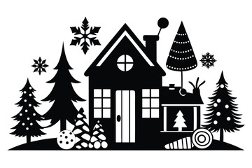 Obraz premium christmas winter and house silhouette line art vector illustration with a white background