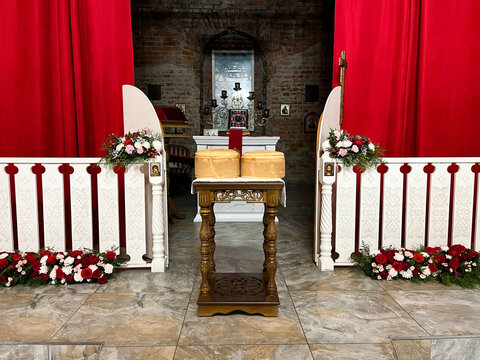 Christianity. Orthodoxy. Easter night. Artos in front of the altar in the Orthodox Church.