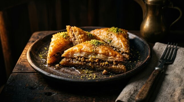 Delicious flaky baklava pastries sprinkled with pistachios, served on a rustic plate with a fork.