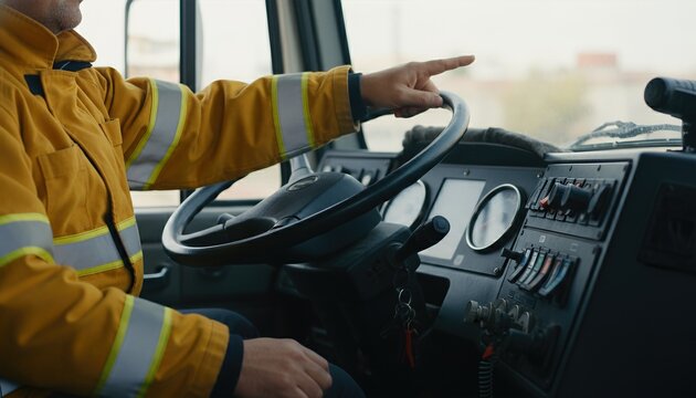 A dedicated firefighter in protective gear sits inside the driver cabin of a modern emergency vehicle, discussing tactics while pointing forward