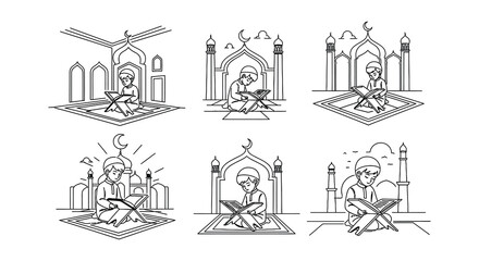 Obraz premium Illustrations of young muslims reading the quran in a linear style