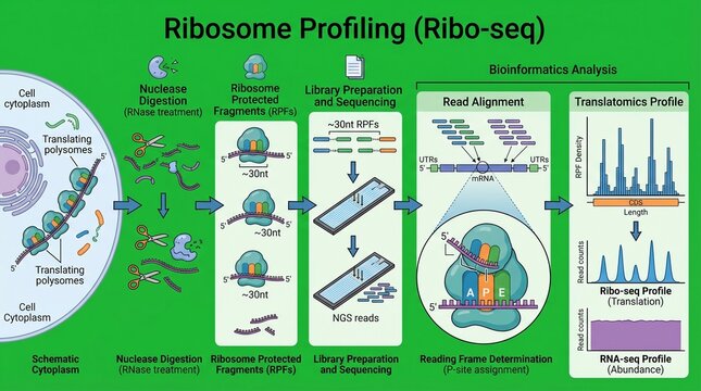 A detailed infographic illustrating the process of ribosome profiling also known as Ribo-seq