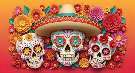 Fototapeta premium Day of the Dead sugar skulls with sombrero and flowers