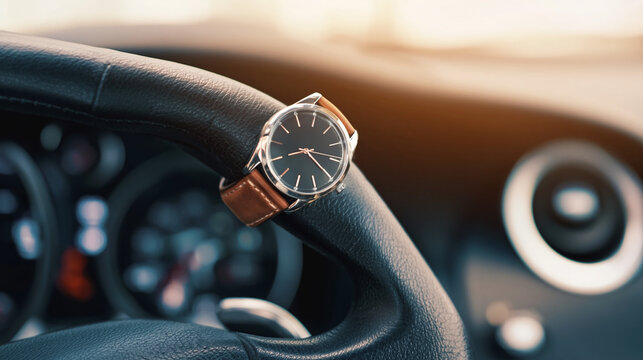 Luxury Watch with Brown Leather Strap on Car Steering Wheel Reflecting Sunset Light - Elegant Motoring Lifestyle and Travel Accessory