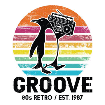 Groove Retro - Penguin carrying boombox radio with vintage sunset background