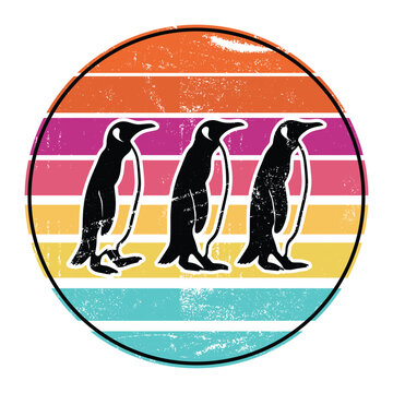 Penguin Trio - Three walking penguins vintage retro sunset stripes silhouette group illustration