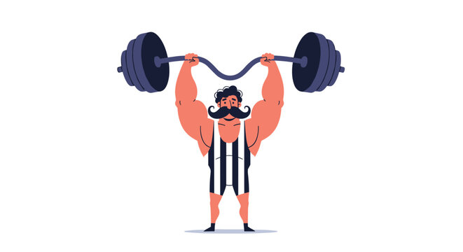 Muscular circus strongman with a large curled mustache lifts a heavy weighted barbell over his head with both arms.