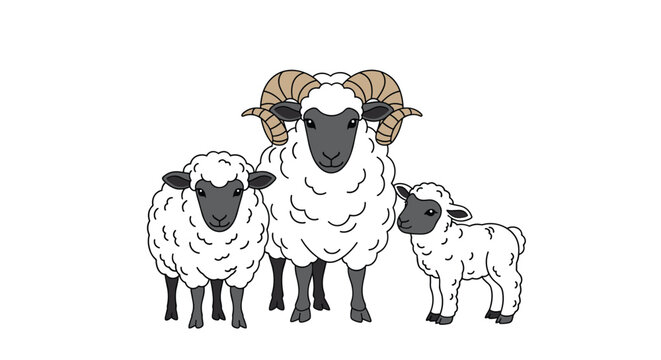 Group of three fluffy white sheep including a large ram with curved horns a ewe and a small lamb standing together in a simple farm animal vector.