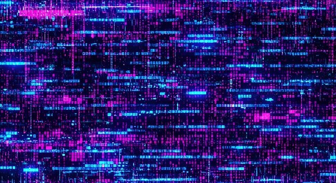 Abstract Digital Glitch Effect with Neon Blue and Pink Data Streams on Black Background